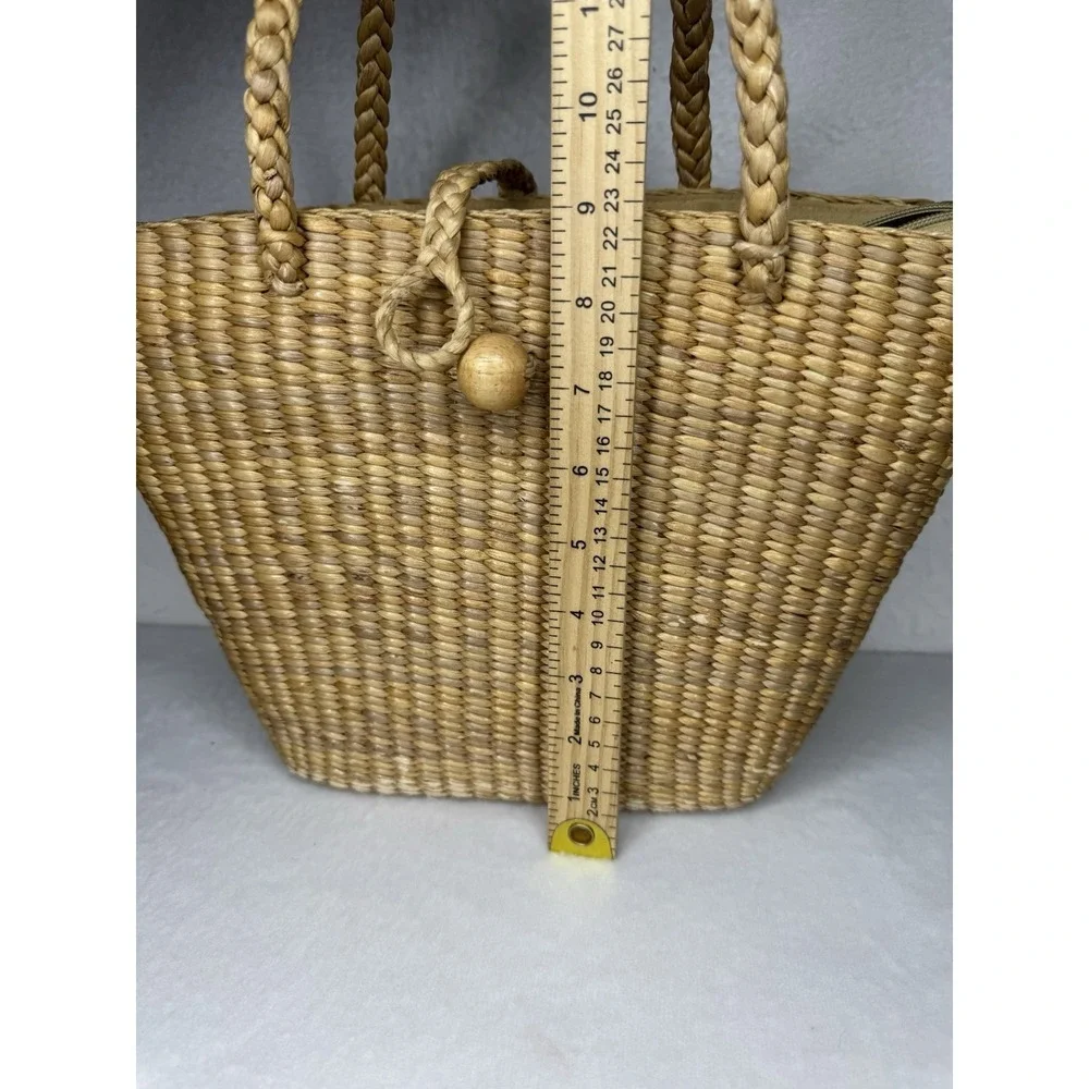Vintage Handwoven Straw Wicker Purse Market Tote Bag Wooden Rattan Boho Beach